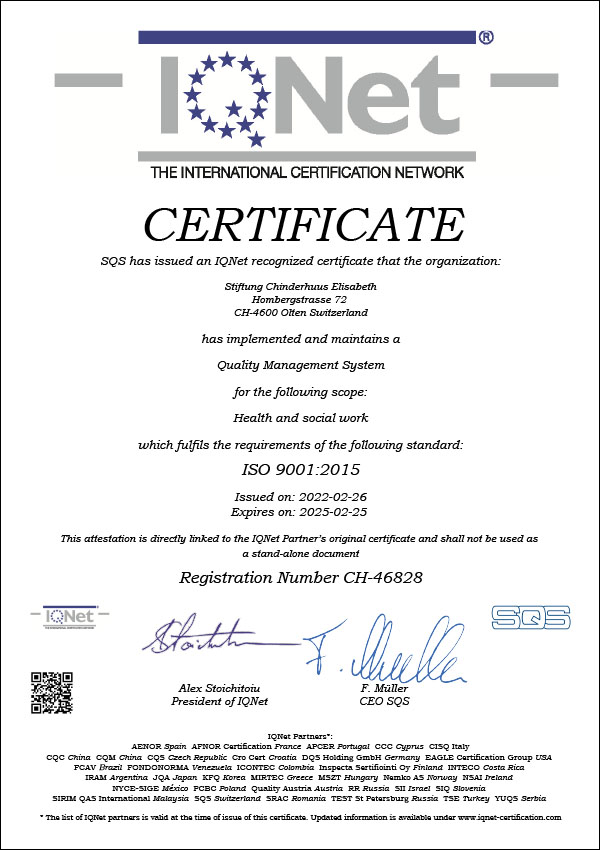 Chinderhuus Elisabeth, Olten: ISO 9001:2015-Zertifzierung (IQNet, SQS)